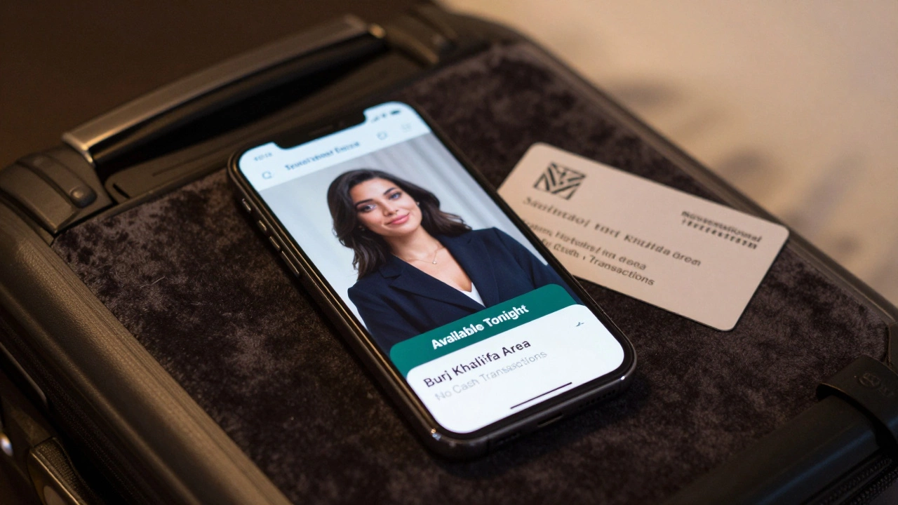 A smartphone displaying a discreet escort profile on a luxury hotel nightstand, glowing softly in the dark.