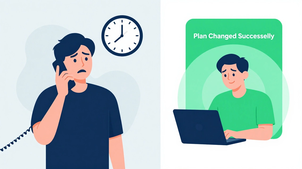 Split scene showing frustration on hold vs. relief after switching plans online.