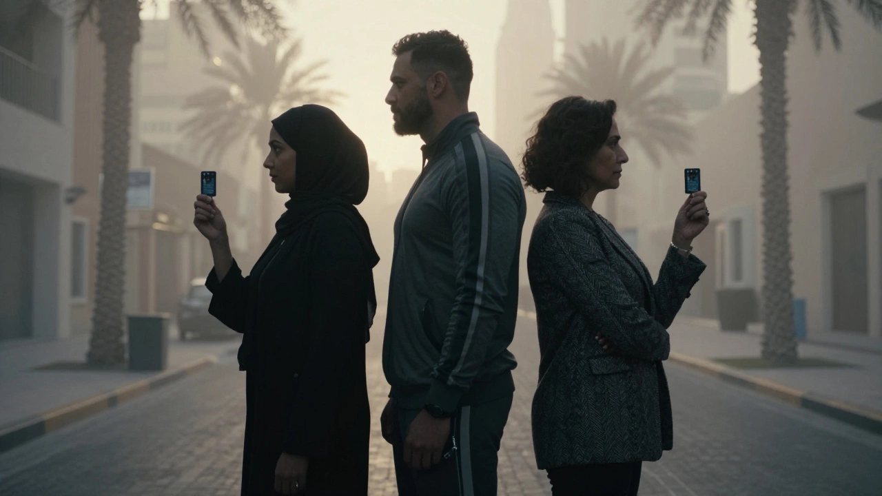 Three diverse individuals standing silently in a foggy Dubai alley at dawn, each holding a keycard.